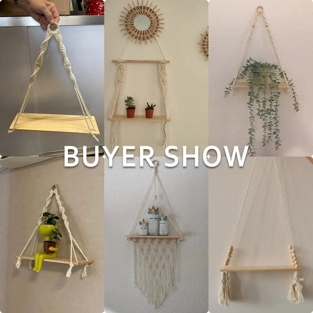 Macrame wall hanging shelf in natural cotton rope with a wooden shelf
