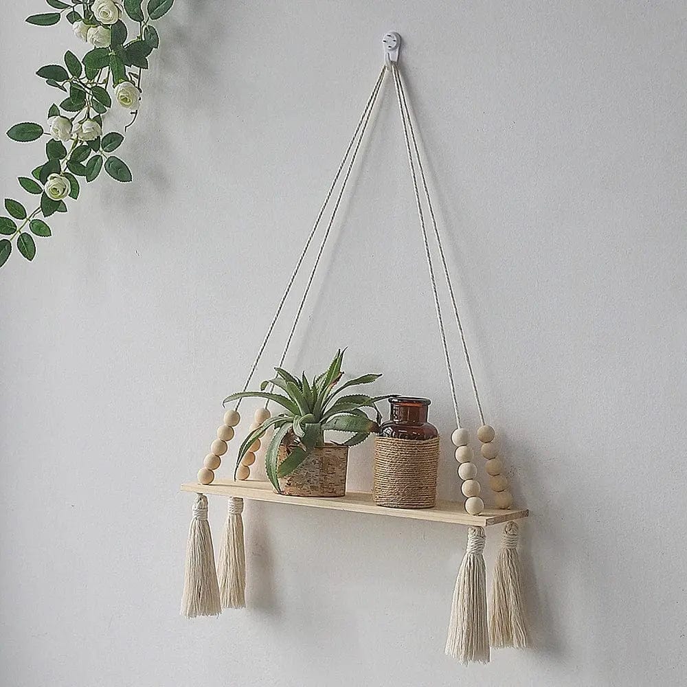 Macrame wall hanging shelf in a single shelf design with cotton rope
