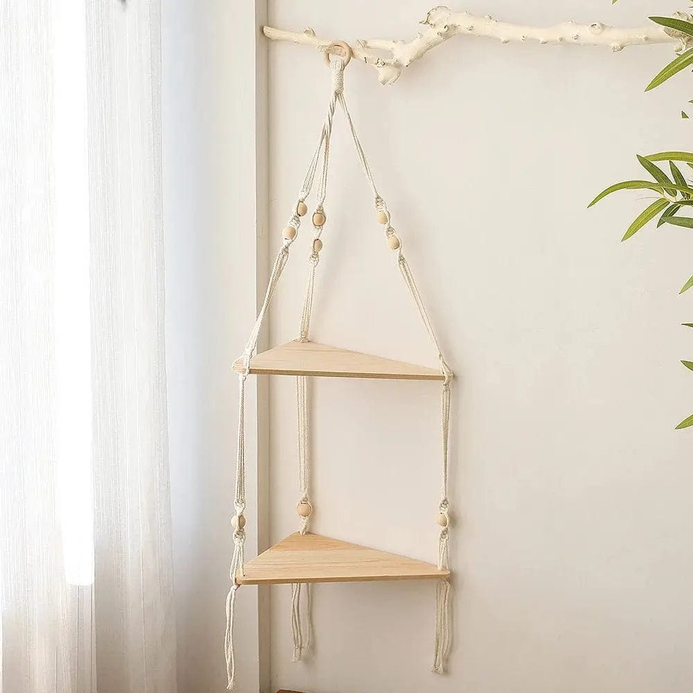 Two-tier macrame wall hanging shelf with cotton rope and wooden shelves