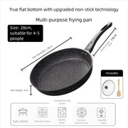 28 cm Maifan stone-style nonstick frying pan with glass lid and spatula, showing dimensions and compatible stovetops