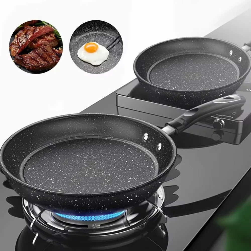 Maifan stone-style nonstick frying pan on gas stove with steak and fried egg cooking examples