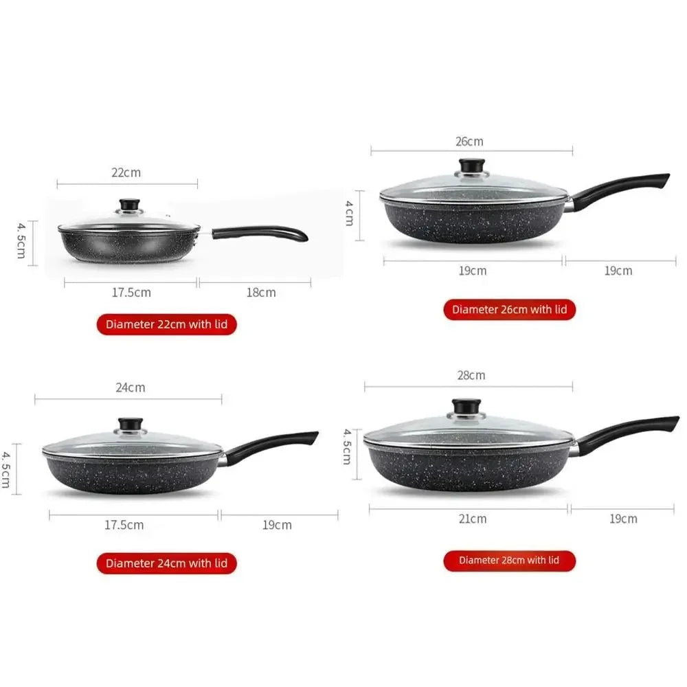 Frying pan size guide comparing 22, 24, 26 and 28 cm pans