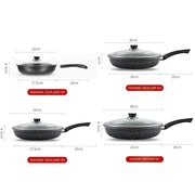 Maifan stone-style nonstick frying pan size guide showing 22 cm, 24 cm, 26 cm, and 28 cm pans with glass lids