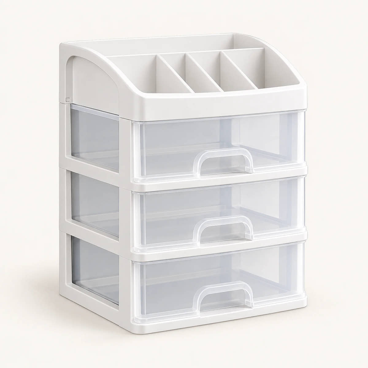 White makeup organizer with three clear drawers