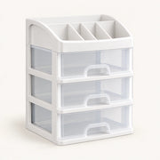 White makeup organizer with three clear drawers