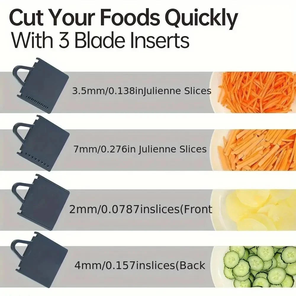 Three mandoline blade inserts provide 2 mm and 4 mm slices and 3.5 mm and 7 mm julienne strips.