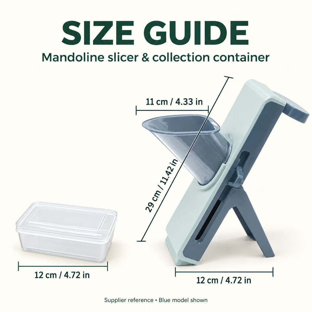 Supplier size guide showing blue mandoline model: 29 cm along the body, 11 cm across the chute, 12 cm base span, and 12 cm container width.