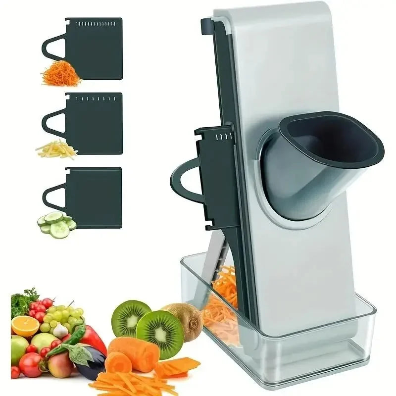 Light grey mandoline slicer with collection container and three blade inserts for slices and julienne strips.