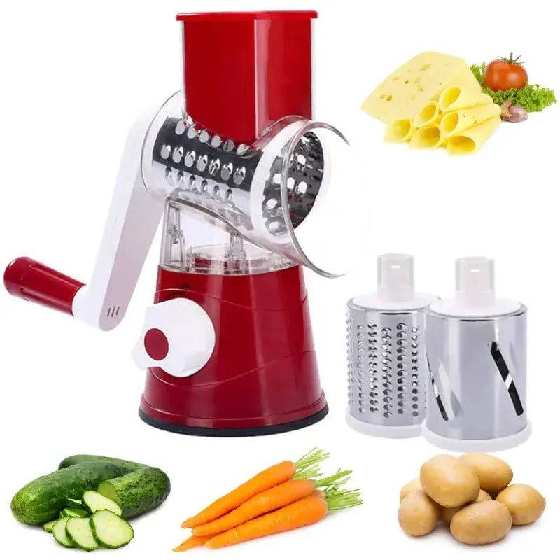 Manual rotary cheese grater with hand crank and three interchangeable drum blades