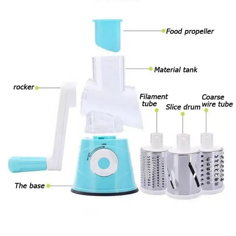 Manual rotary cheese grater with hand crank and three interchangeable drum blades