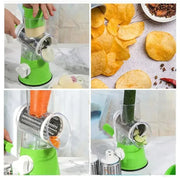 Manual rotary cheese grater with hand crank and three interchangeable drum blades