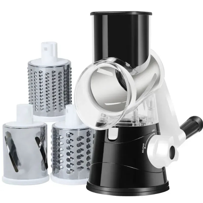 Black manual rotary cheese grater with hand crank and drum blade