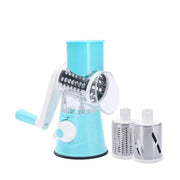 Blue manual rotary cheese grater with hand crank and drum blade