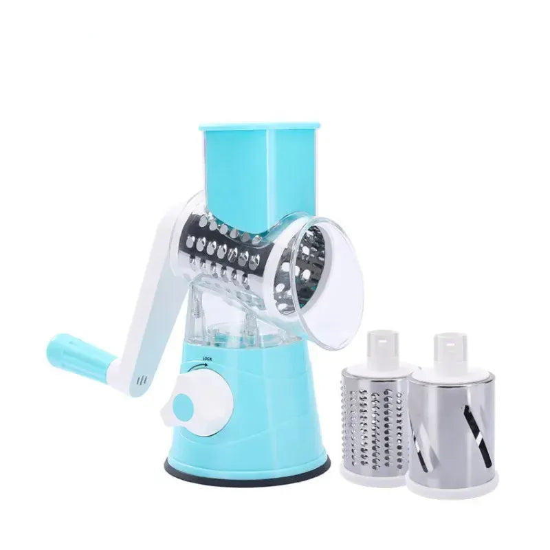 Blue manual rotary cheese grater with hand crank and drum blade