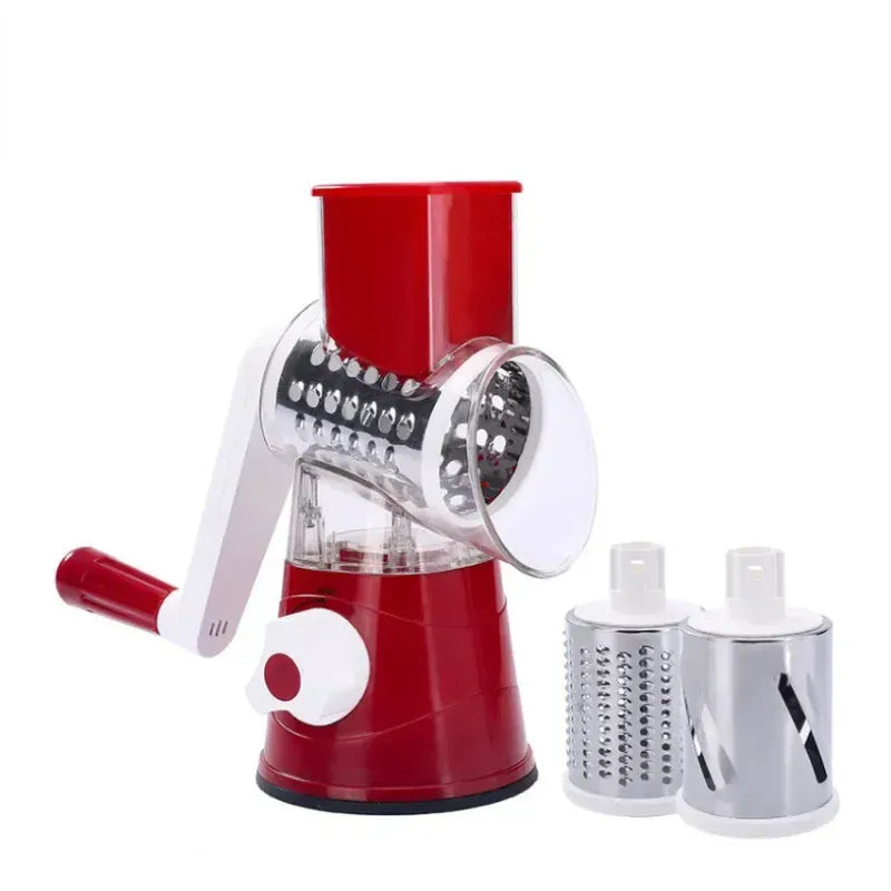 Red manual rotary cheese grater with hand crank and drum blade