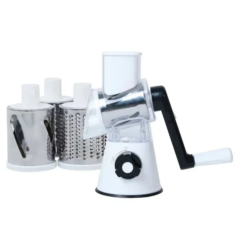 White manual rotary cheese grater with hand crank and drum blade
