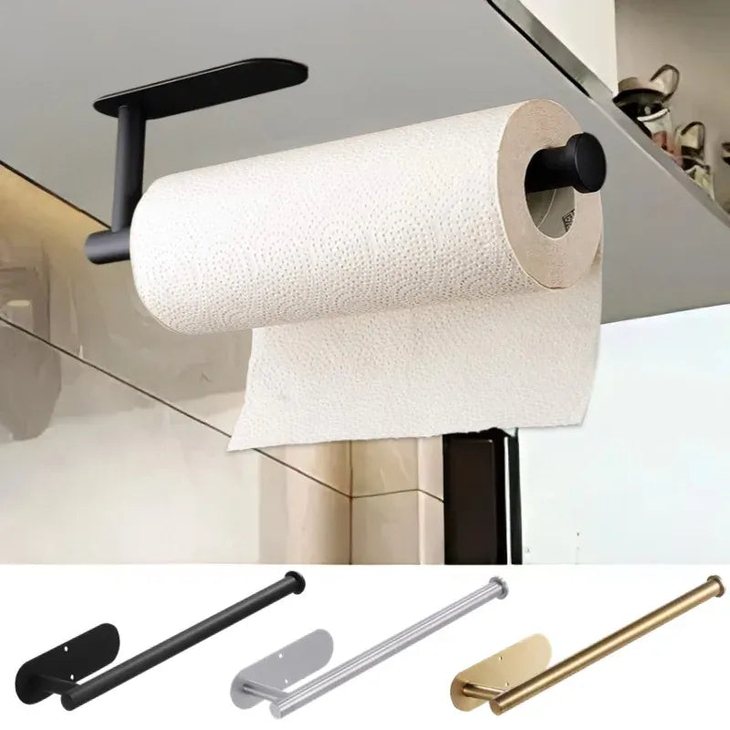 Black paper towel holder mounted below a kitchen cabinet