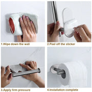 Four-step adhesive installation guide for paper roll holder