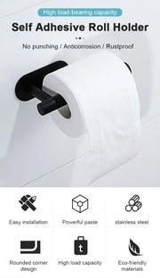 No-drill stainless steel holder for toilet paper or paper towels