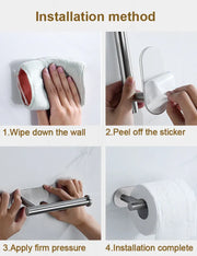 No-drill stainless steel holder for toilet paper or paper towels