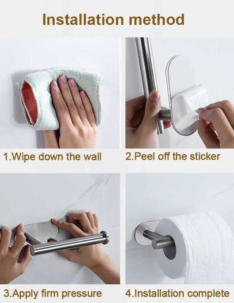 No-drill stainless steel holder for toilet paper or paper towels