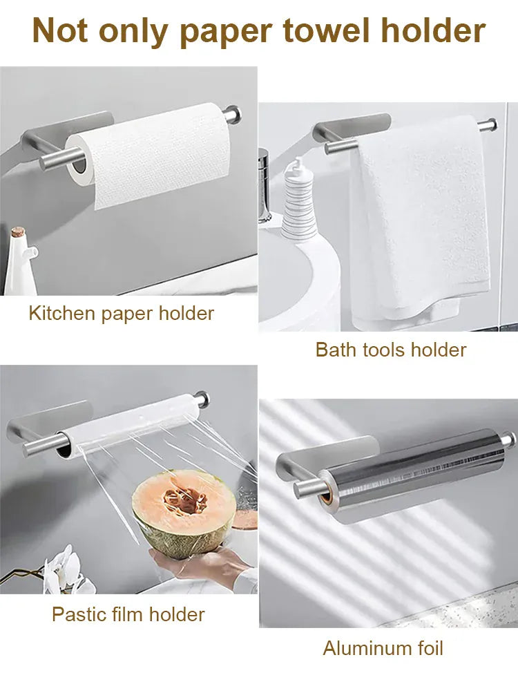 No-drill stainless steel holder for toilet paper or paper towels