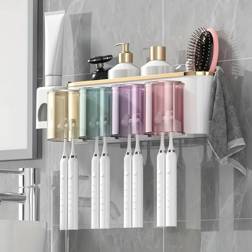 Wall-mounted toothbrush organizer holding brushes and cups