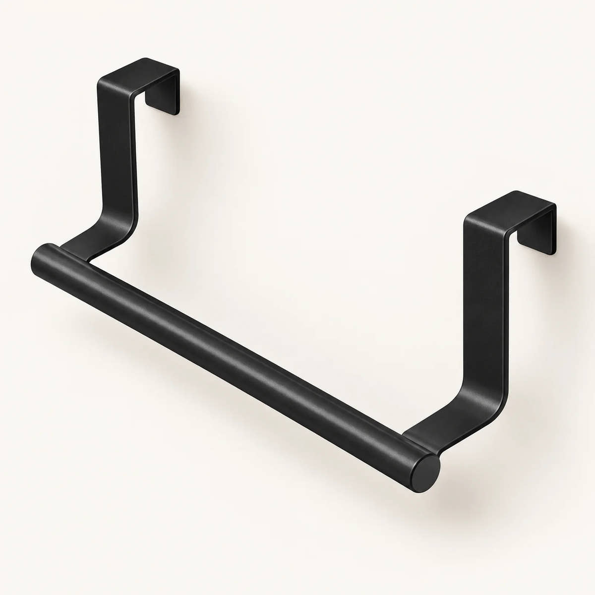 Black over-cabinet towel bar with two hooks