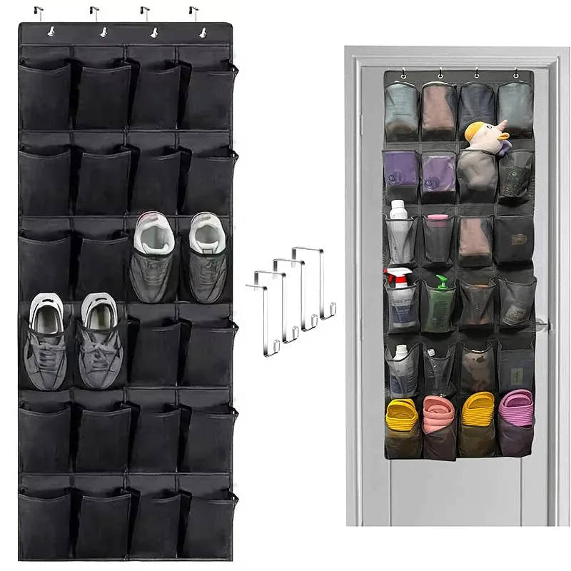 Black over-the-door shoe organizers in 12- and 24-pocket sizes