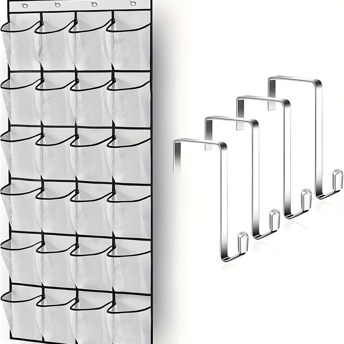 Black shoe organizer hanging on a white door