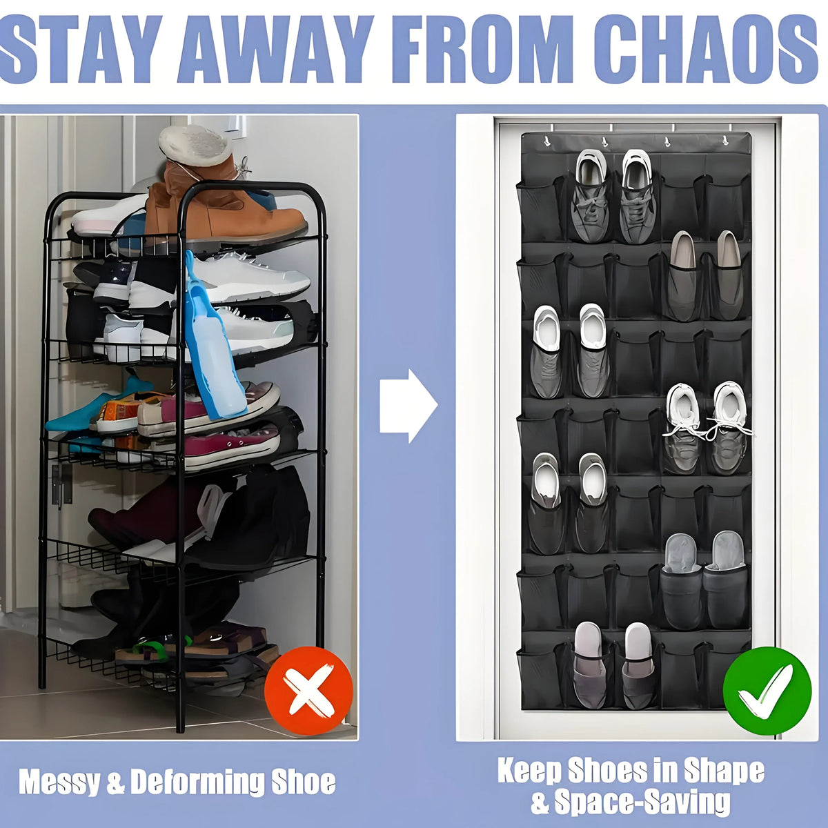 White metal over-the-door hooks for the shoe organizer