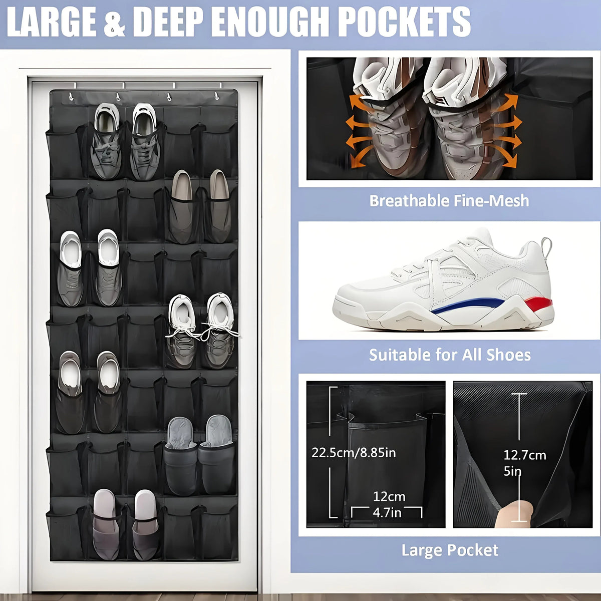 Mesh pocket shoe organizer keeping footwear separated on a door
