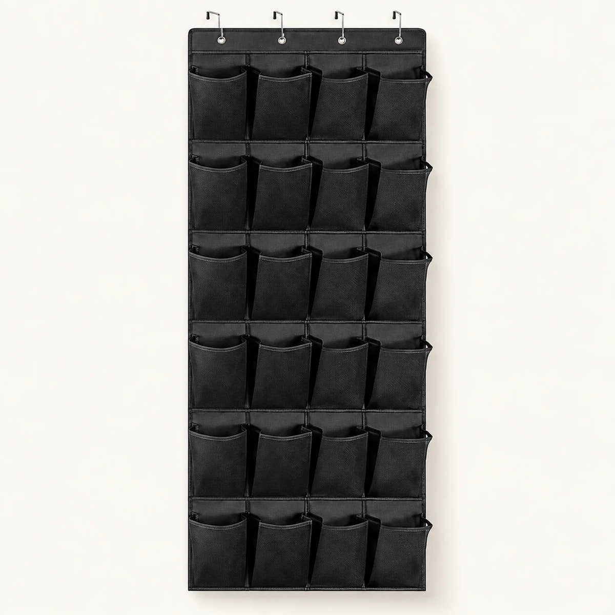 Black hanging shoe organizer with 24 mesh pockets