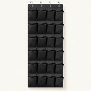 Black hanging shoe organizer with 24 mesh pockets