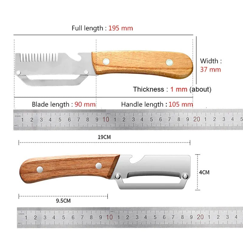 Essentials House vegetable peeler dimensions - 195mm full length, 90mm blade, 105mm wooden handle