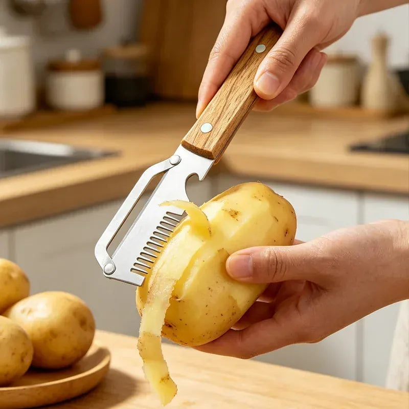 Essentials House stainless steel vegetable peeler with wooden handle peeling a potato