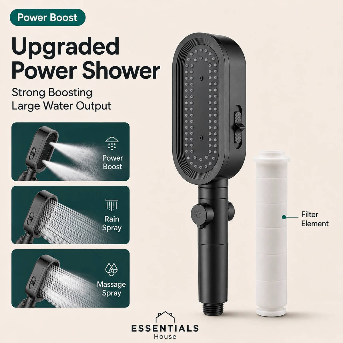 Black power shower head with a white filter element on a light beige background, featuring promotional text and three inset demonstration panels showing power boost, rain spray, and massage spray.