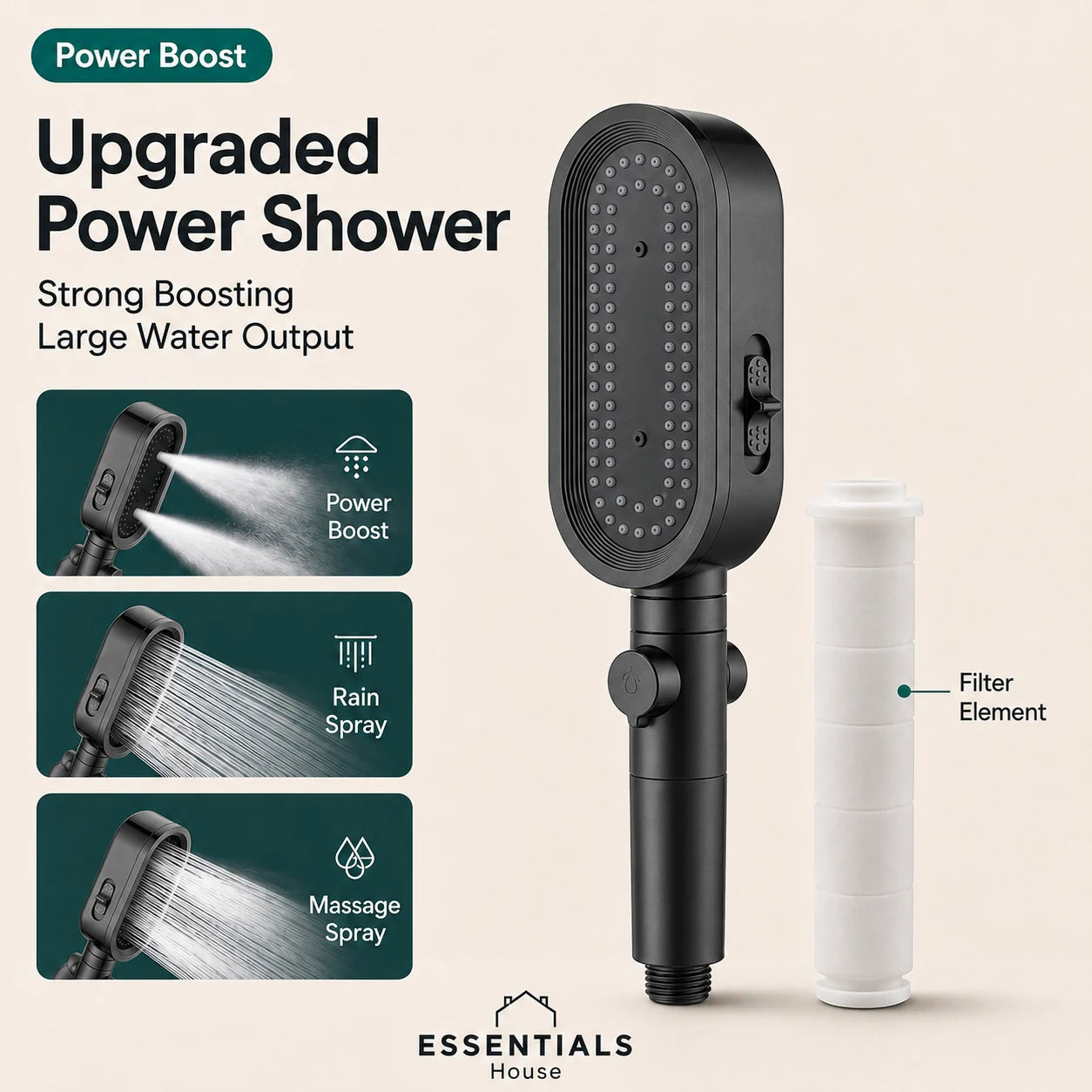 Black power shower head with a white filter element on a light beige background, featuring promotional text and three inset demonstration panels showing power boost, rain spray, and massage spray.