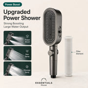 A dark gray upgraded power shower head with a white filter element, shown on a light beige background with promotional text and feature callouts.