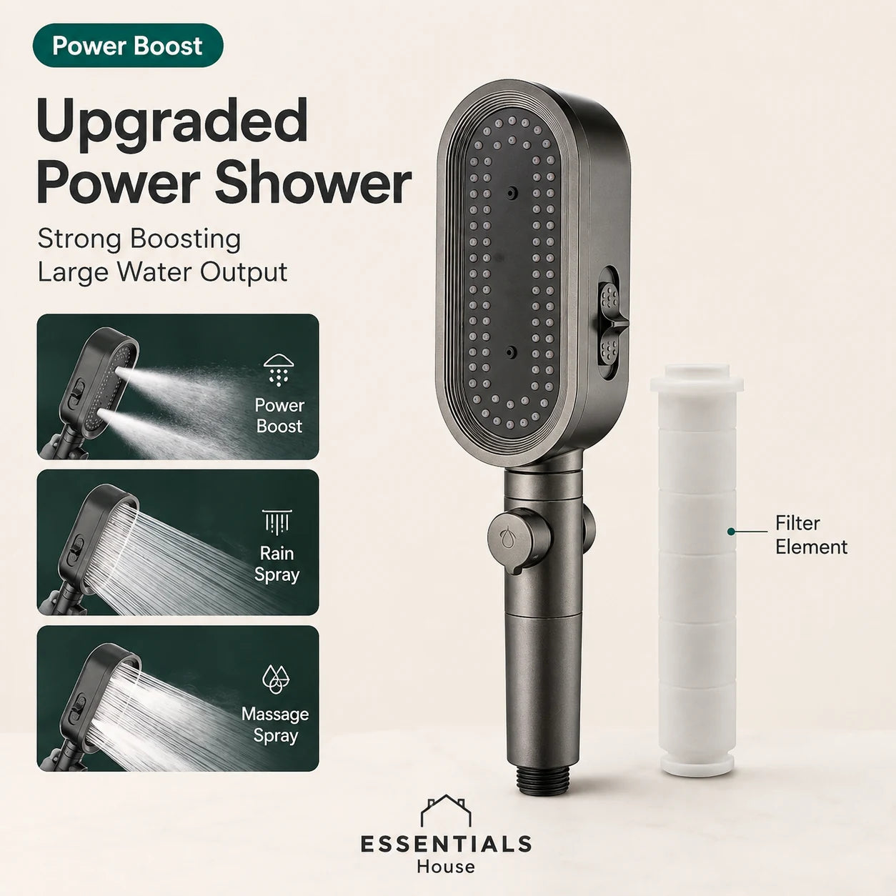A dark gray upgraded power shower head with a white filter element, shown on a light beige background with promotional text and feature callouts.