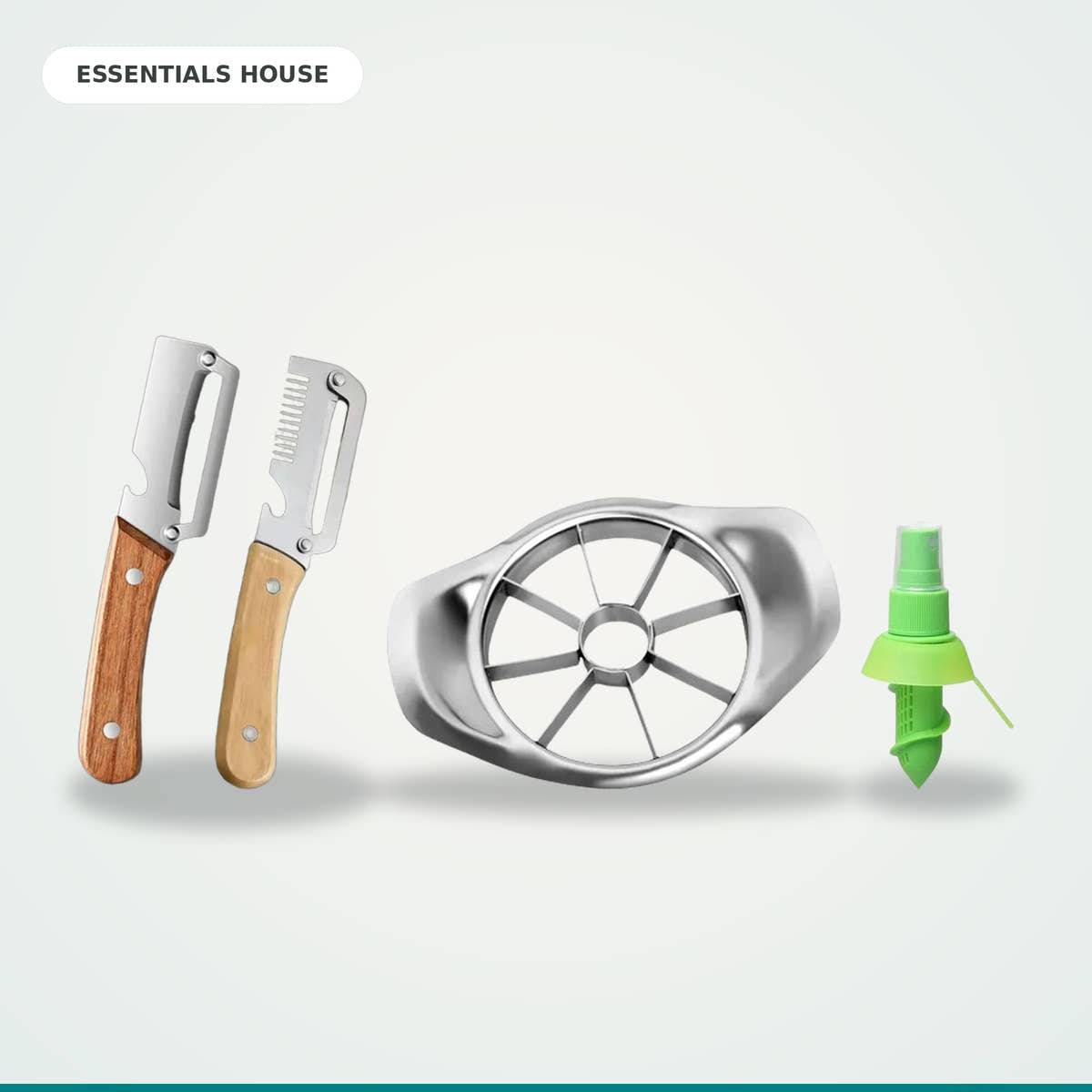 Essentials House Prep Trio - stainless steel vegetable peeler set, apple cutter and citrus juicer with spray mist