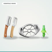 Essentials House Prep Trio - stainless steel vegetable peeler set, apple cutter and citrus juicer with spray mist
