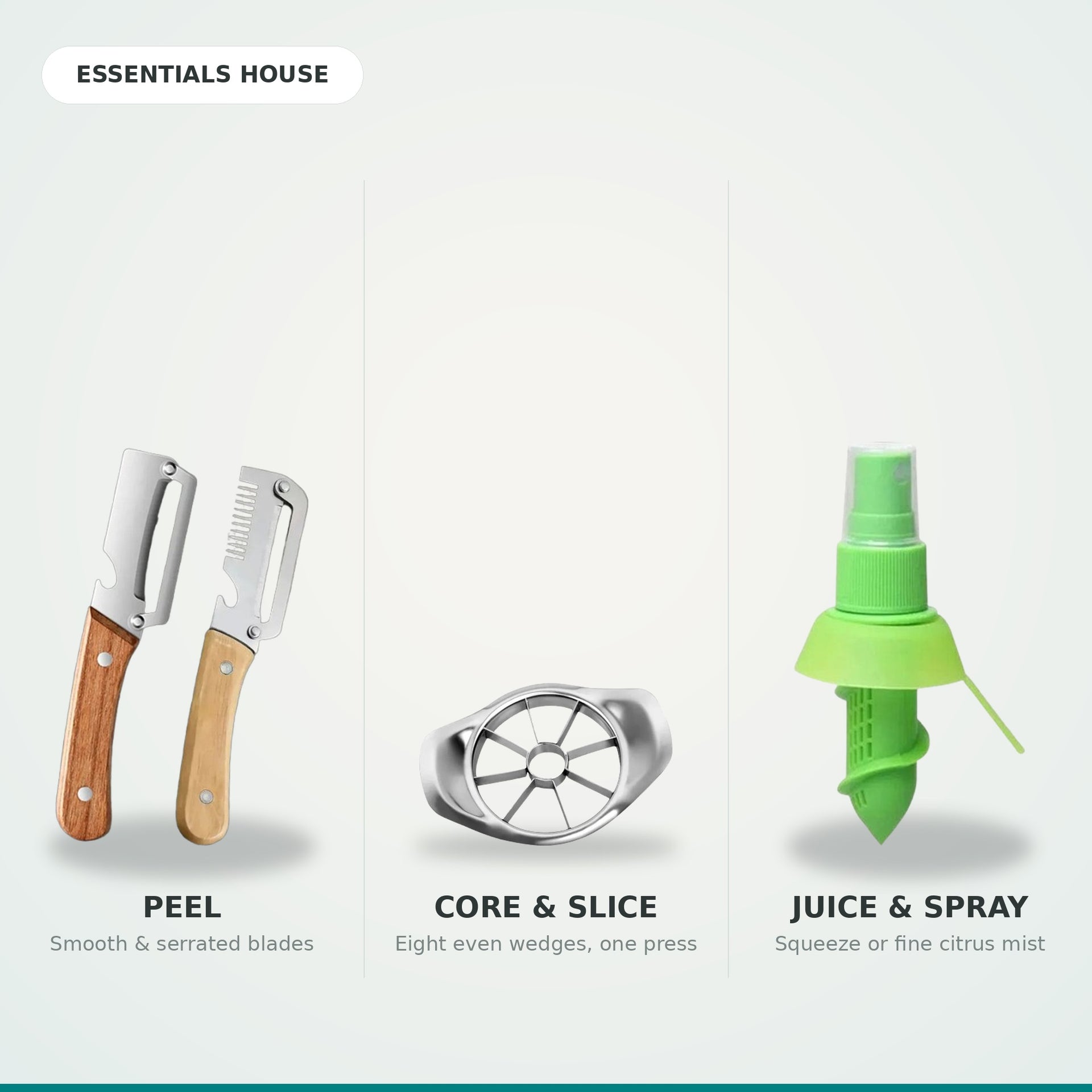 Essentials House Prep Trio - peel, core and slice, juice and spray kitchen prep tool set