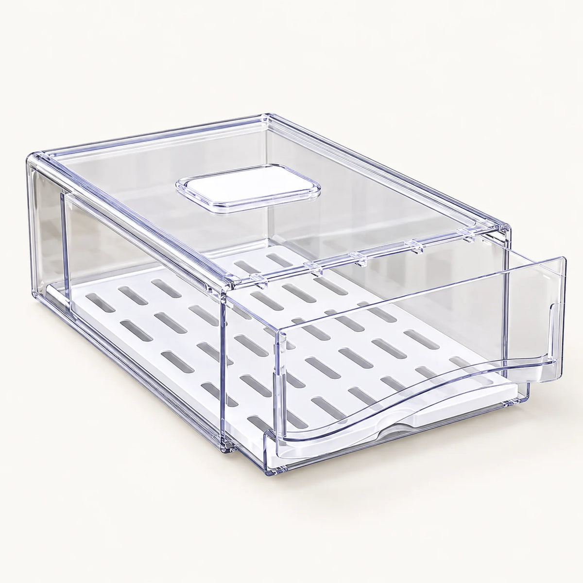 Refrigerator Drawer Storage Box on a warm off-white background with a soft natural shadow.