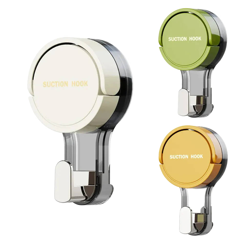 Reusable suction hooks in white, green, and orange