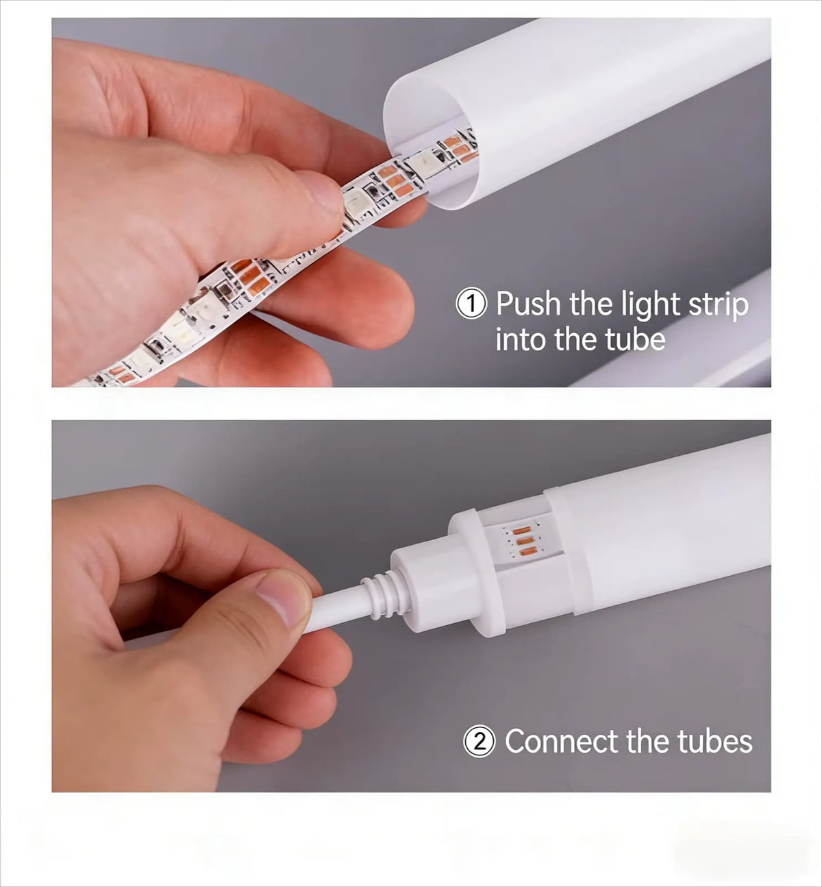 Two assembly steps showing hands pushing the LED strip into the lamp tube and connecting the tube sections.