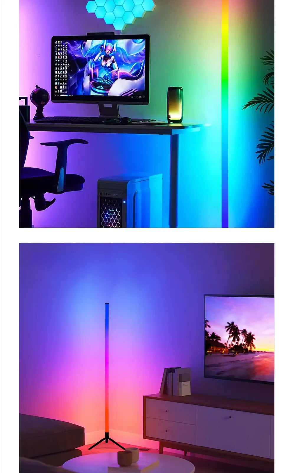 RGB corner floor lamp shown beside a gaming desk and next to a living-room TV, casting colorful light on the walls.