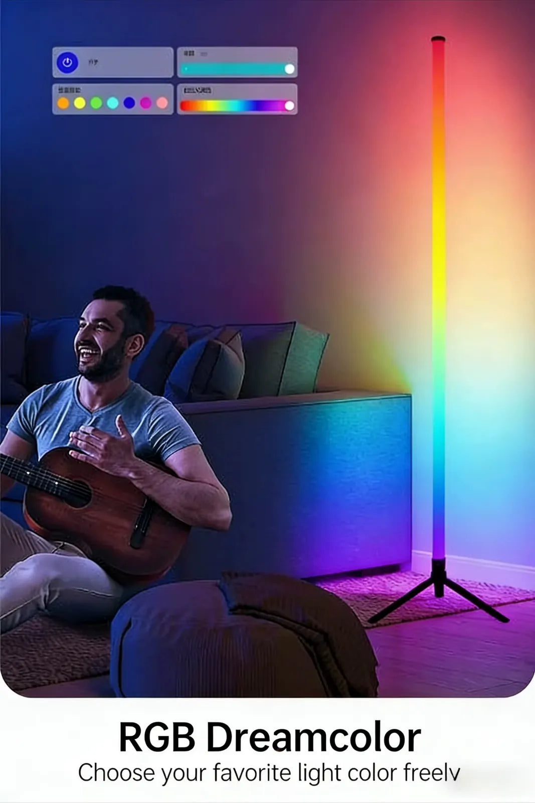 Man playing an acoustic guitar beside an RGB corner floor lamp displaying multicolor light, with app color controls illustrated.
