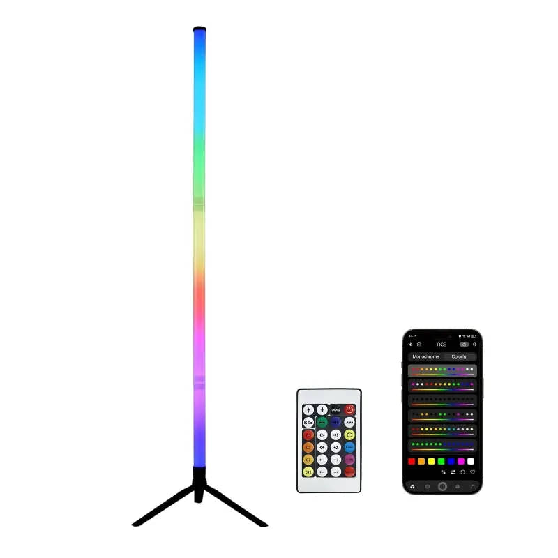 Single RGB corner floor lamp with a black three-leg base, remote control and smartphone app shown on a white background.