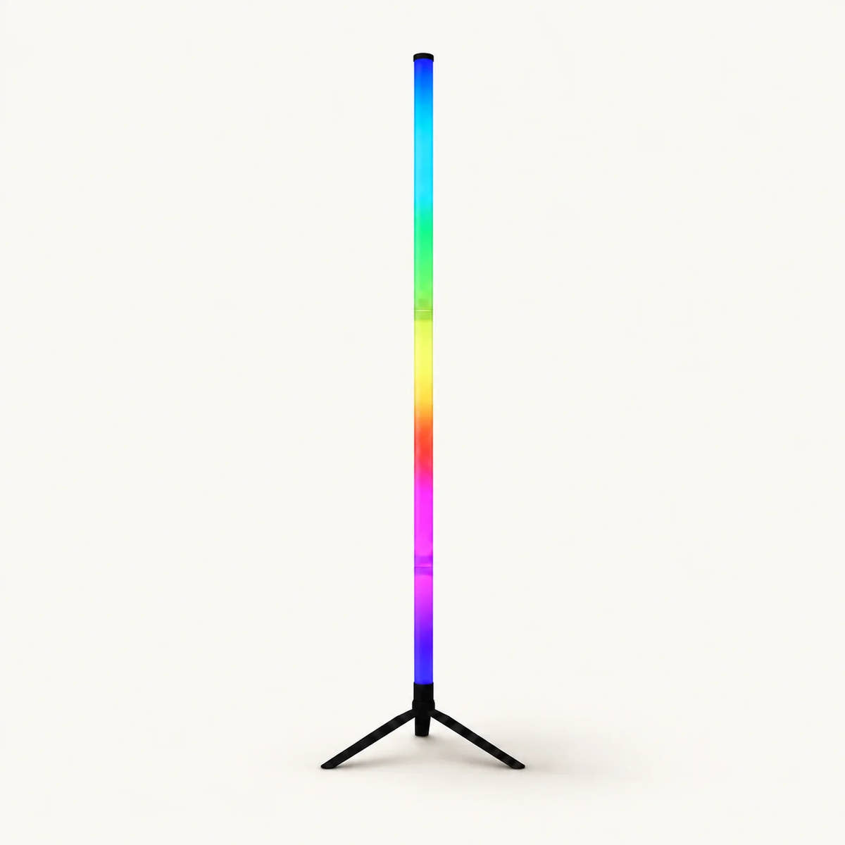 Single RGB corner floor lamp with multicolor illuminated tube and black tripod base on an off-white background.